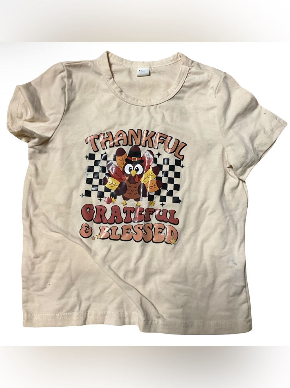 SHEIN Kids Thankful Grateful & Blessed Graphic T-Shirt Size 5Y Beige Turkey Tee